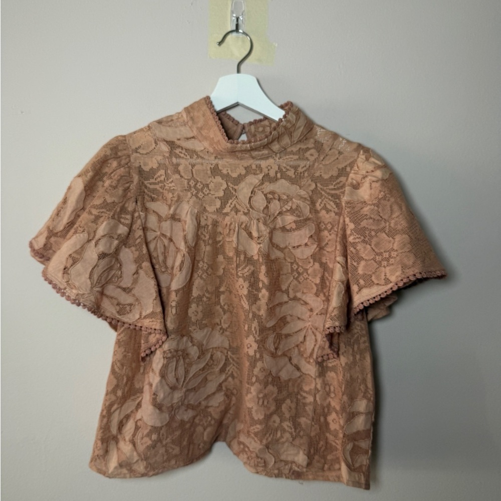 Elegant Lace Floral Top - Tan- SMALL FLAW